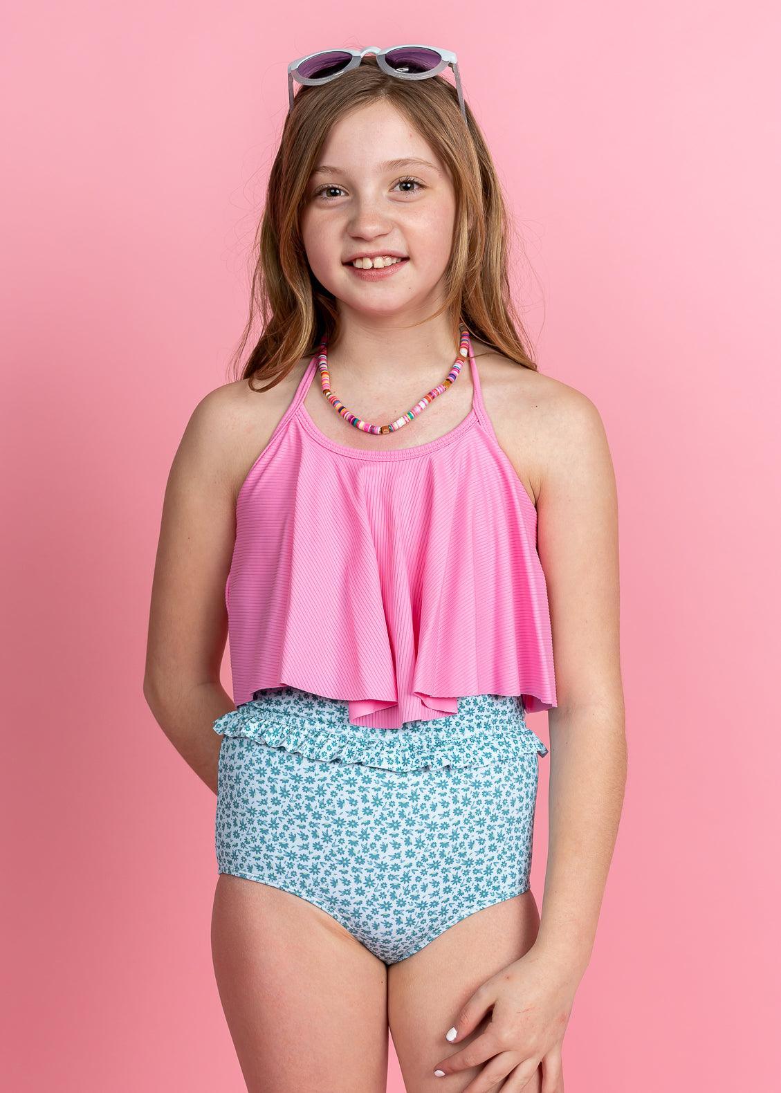 Teen Girl Crop Top Swimsuit - Ribbed Sweet Pink