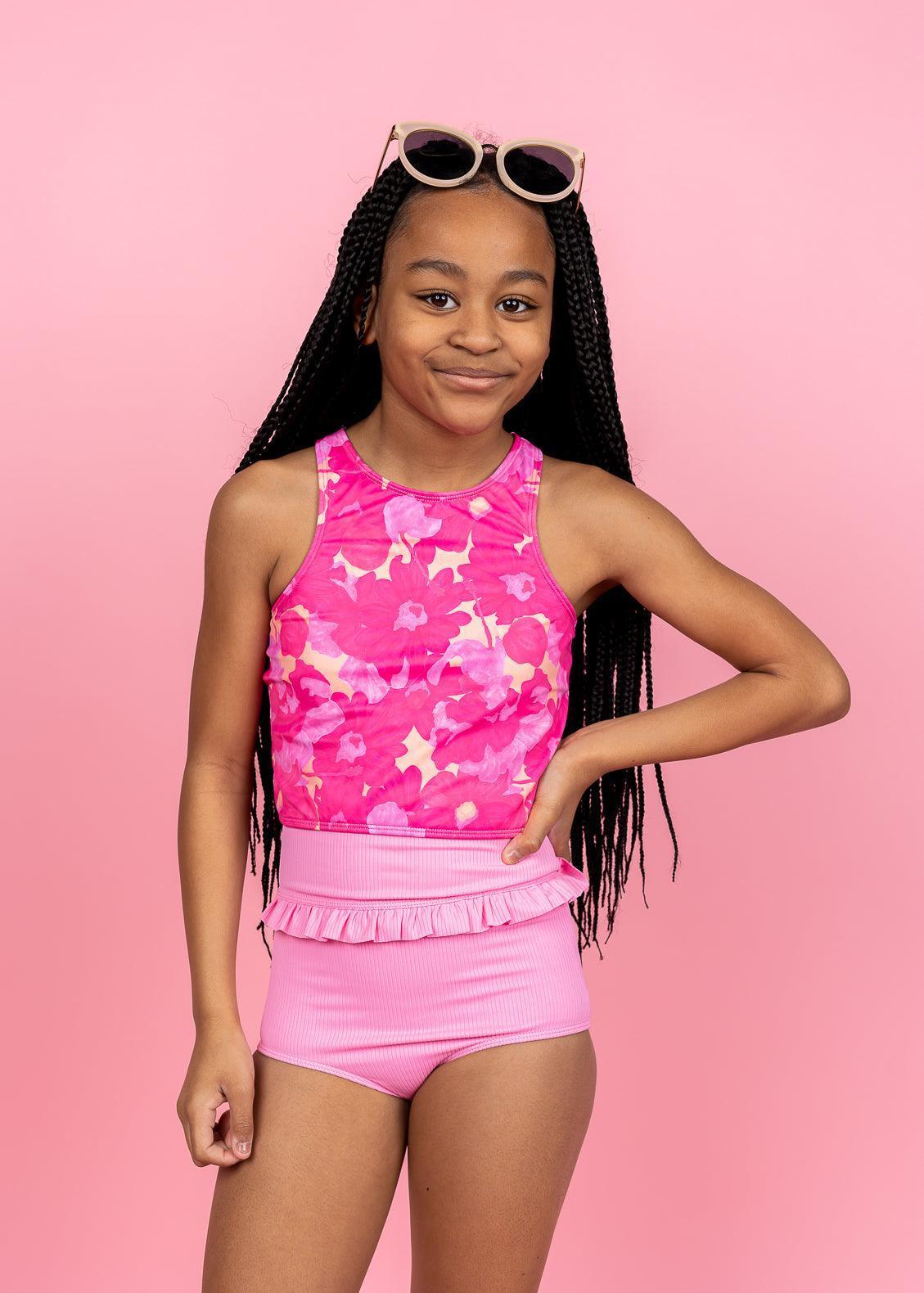 Ribbed Sweet Pink Youth Mid Ruffle Bottoms