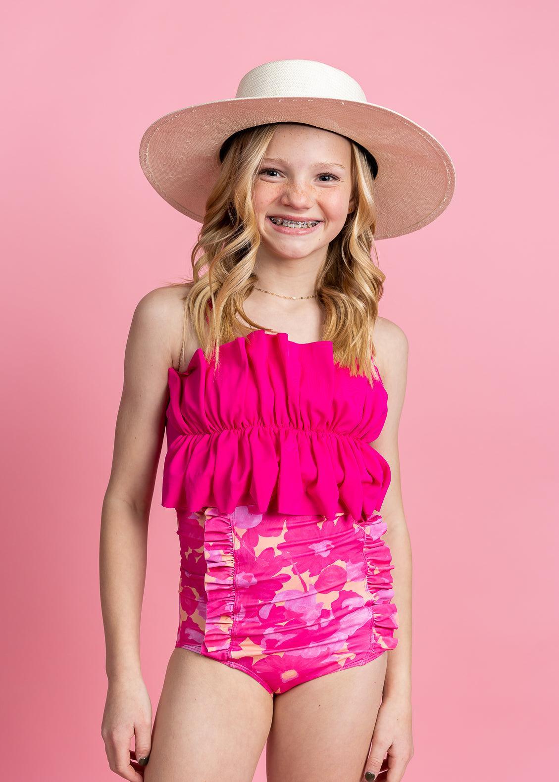 Teen Girl High-Waisted Swimsuit Bottoms - Pink Blooms