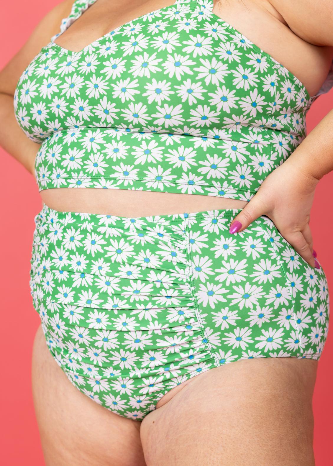 High-Waisted Swimsuit Bottom - Green Daisy