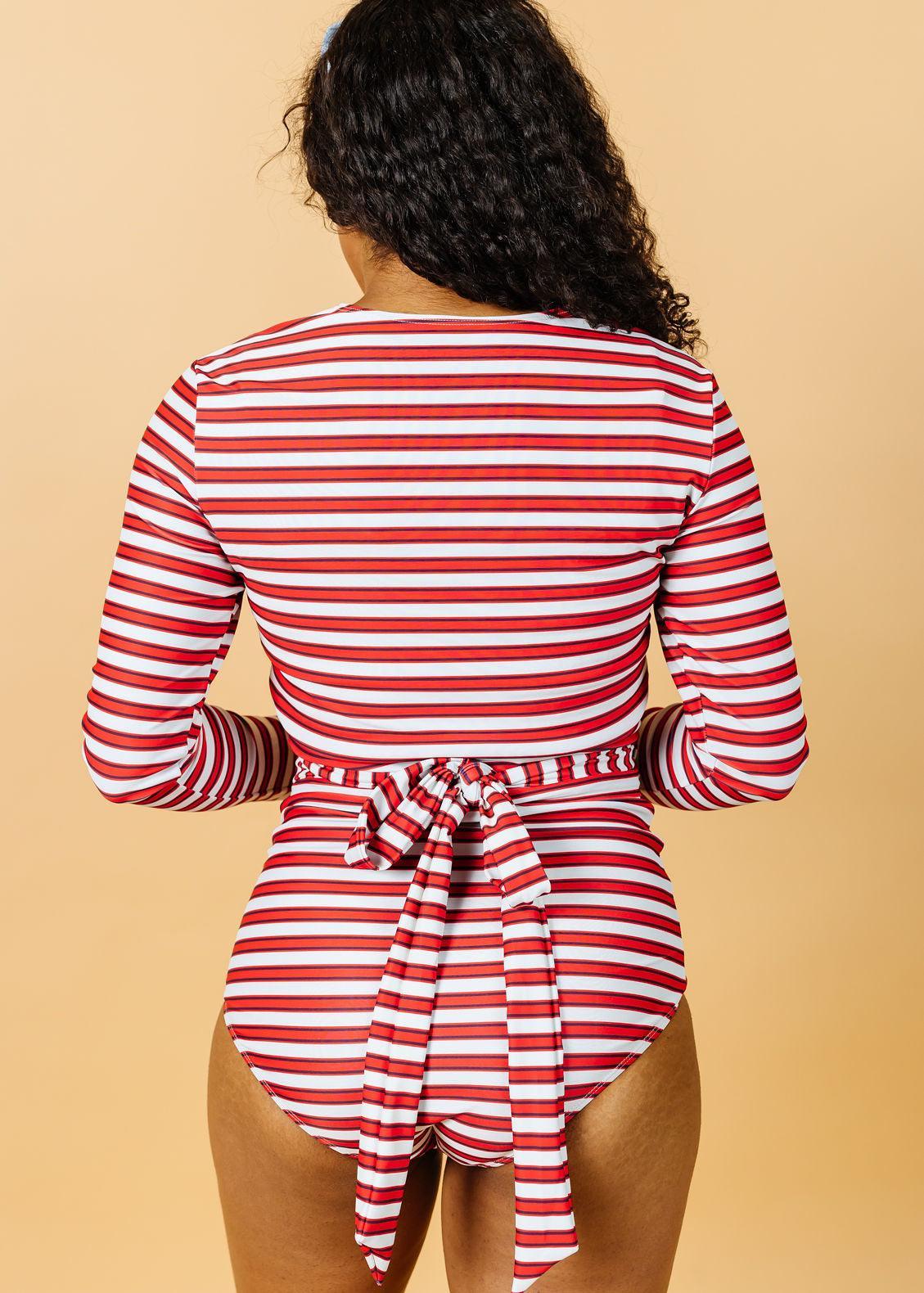 Womens Swimsuit Rashguard Crop Top - Red + Navy Stripes