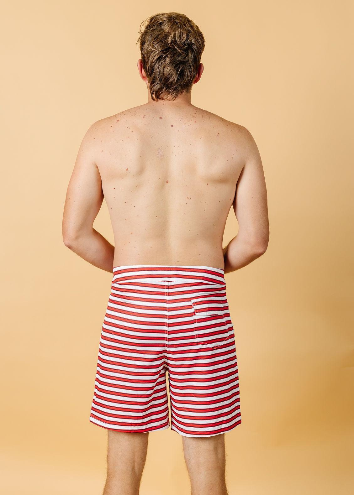Mens Swimsuit - Trunks - Red + Navy Stripe