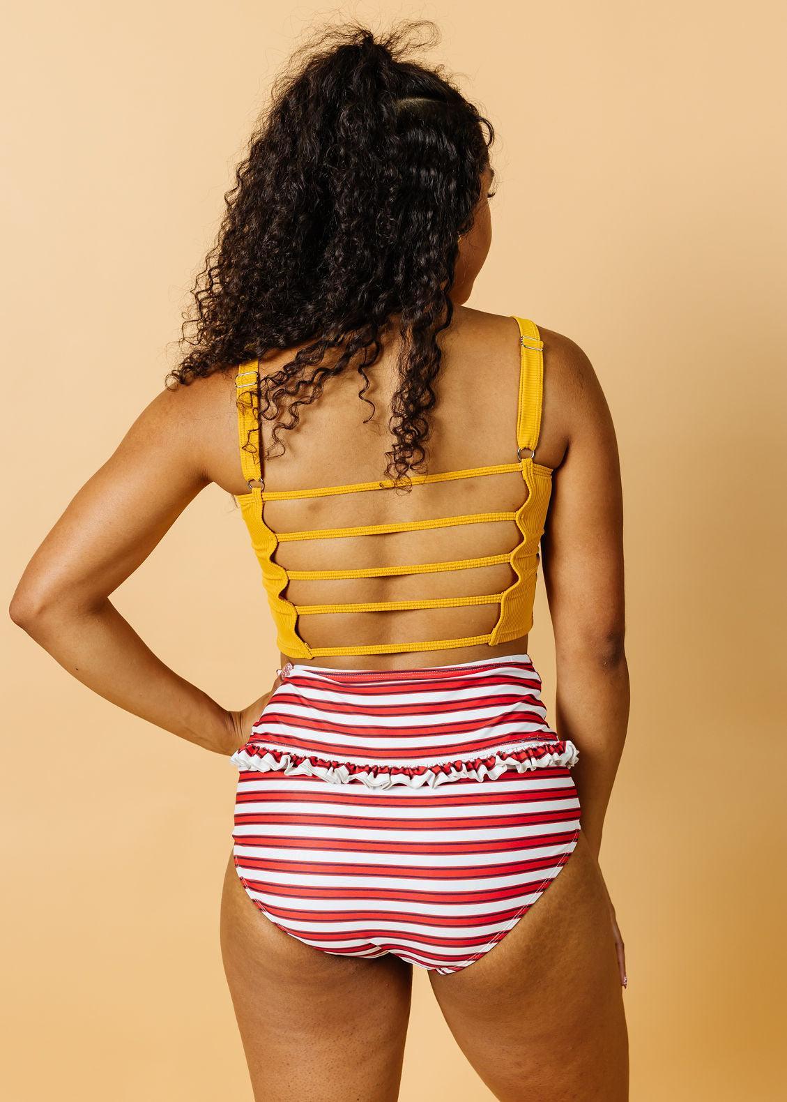 High-Waisted Swimsuit Bottom - Red + Navy Stripe