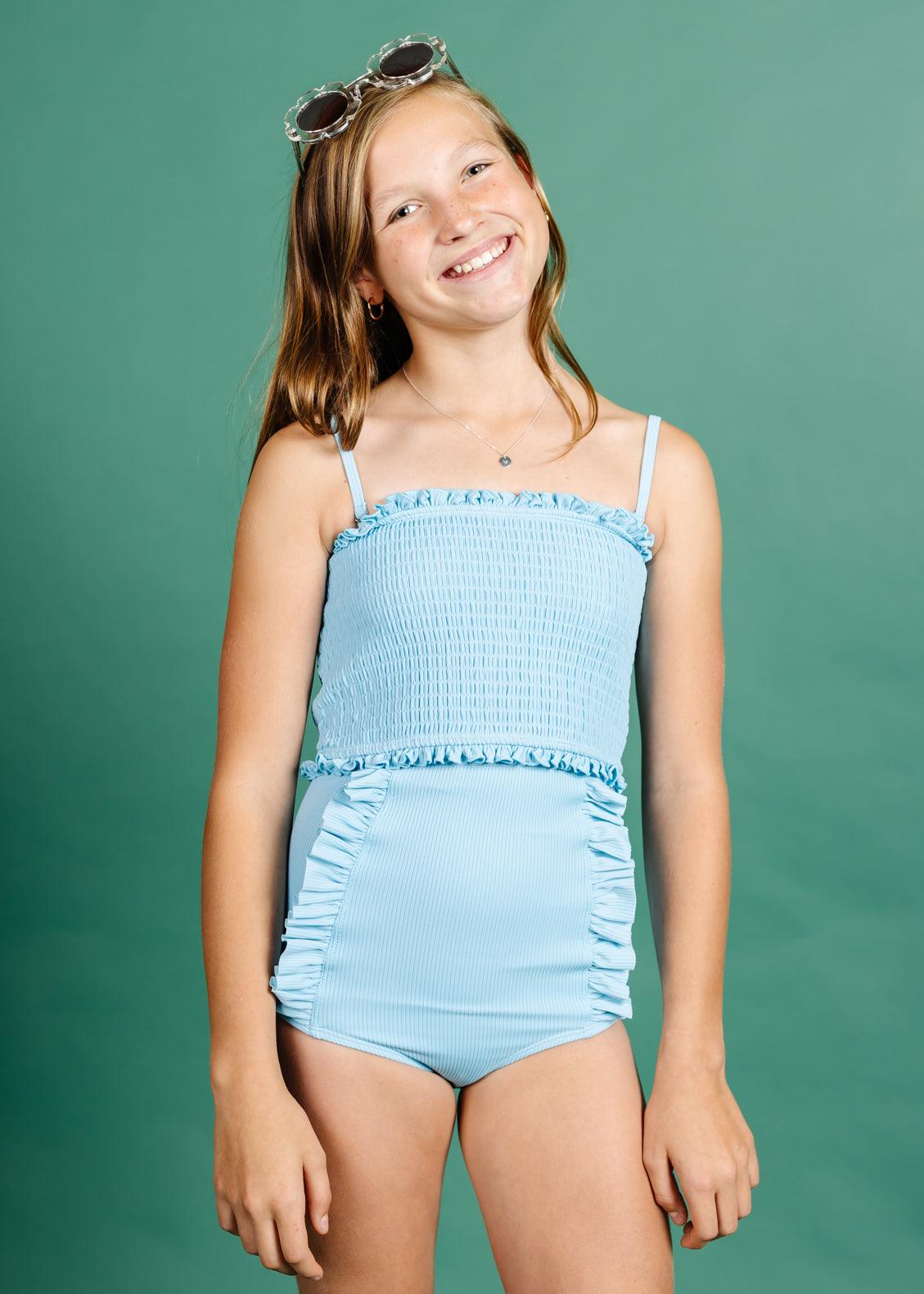 Teen Girl Crop Top Swimsuit - Ribbed Fresh Blue