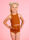 Girls High-Waisted Swimsuit Bottoms - Ribbed Caramel