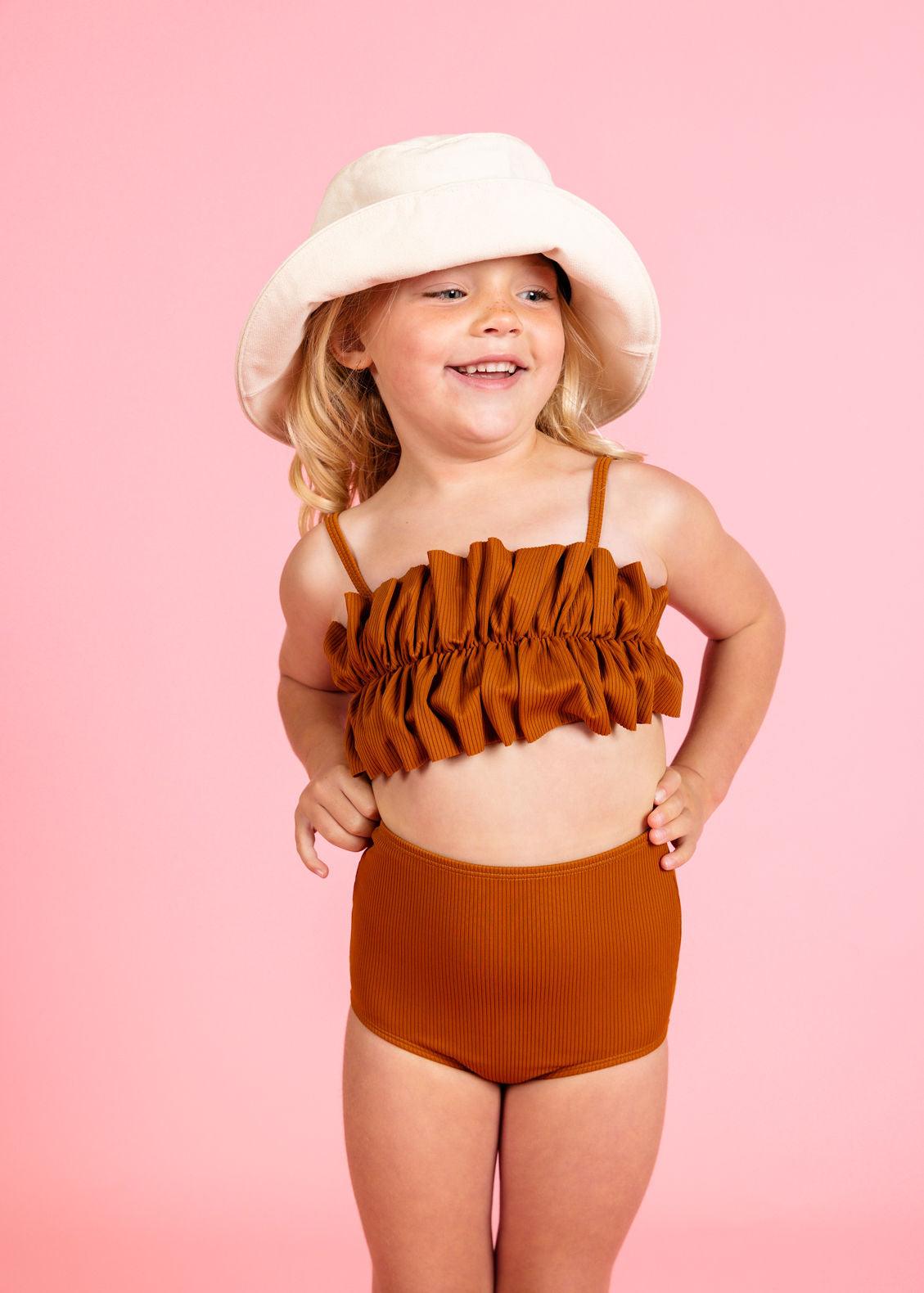 Girls High-Waisted Swimsuit Bottoms - Ribbed Caramel