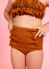 Girls High-Waisted Swimsuit Bottoms - Ribbed Caramel