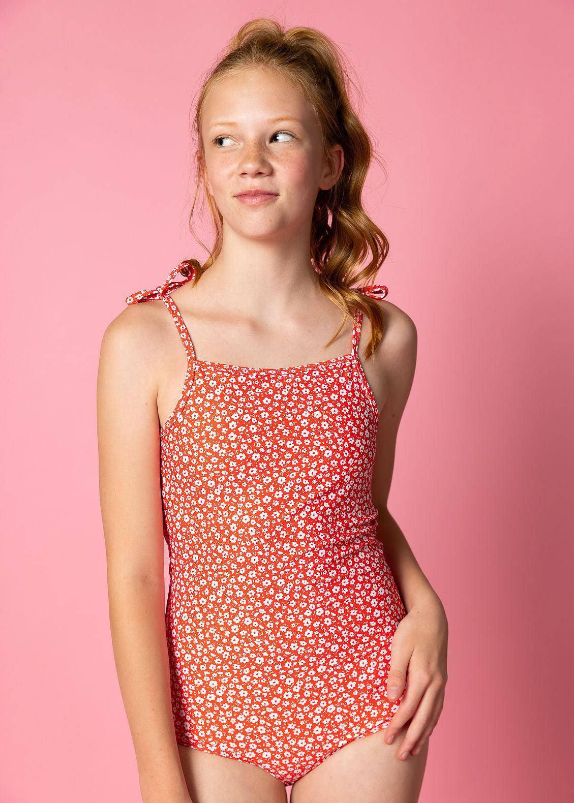Teen Girl One-Piece Swimsuit - Red Ditsy Floral