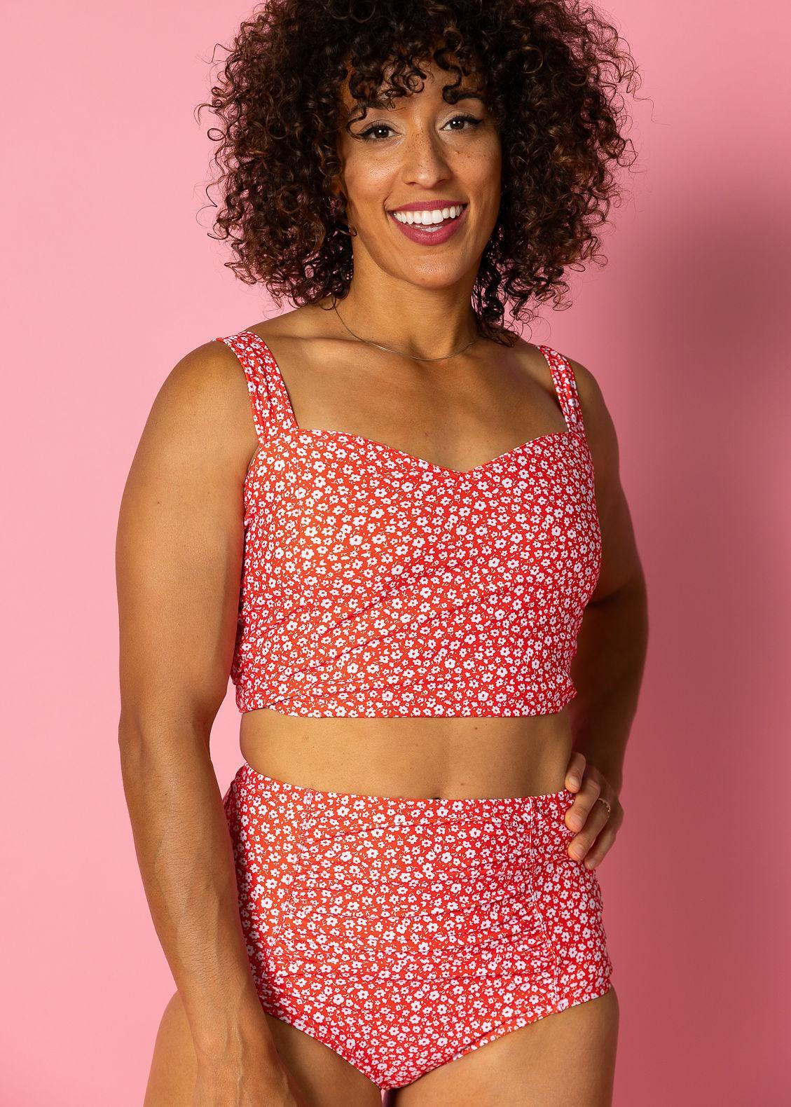 High-Waisted Swimsuit Bottom - Red Ditsy Floral