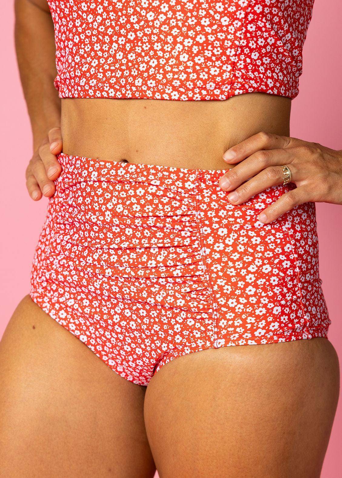 High-Waisted Swimsuit Bottom - Red Ditsy Floral