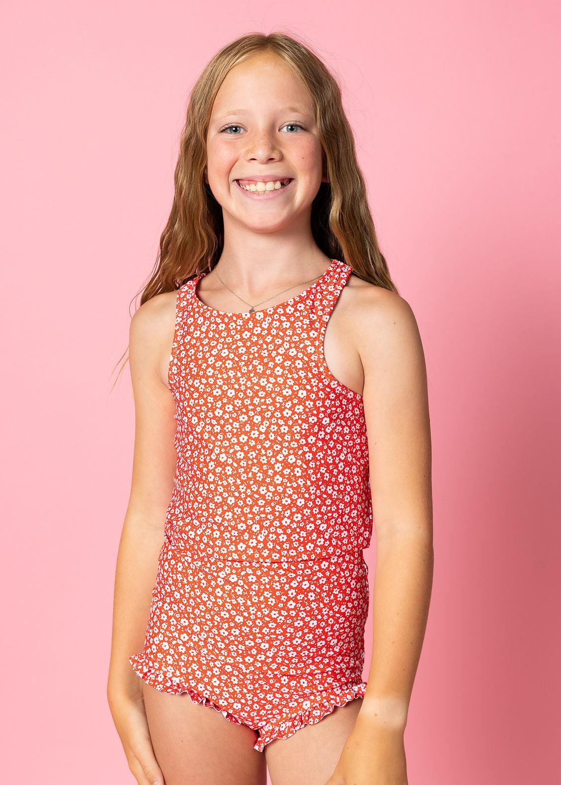 Teen Girl Crop Top Swimsuit - Red Ditsy Floral