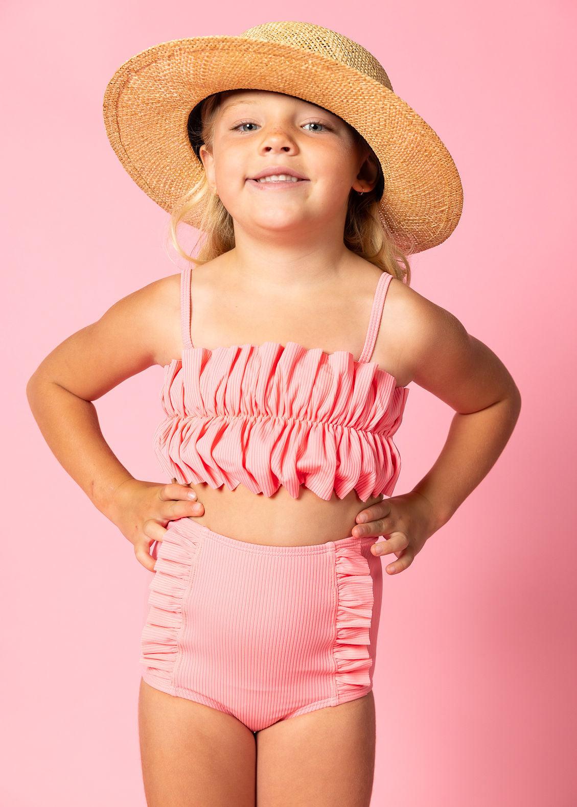 Girls High-Waisted Swimsuit Bottoms - Ribbed Flamingo