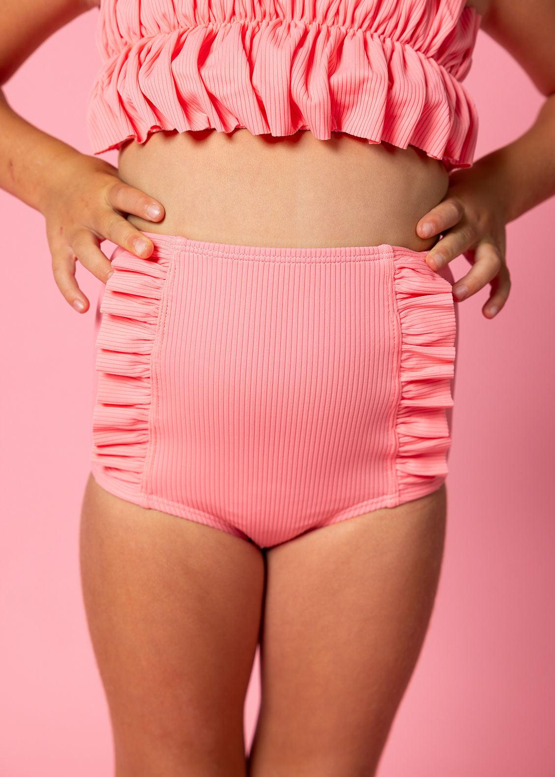 Girls High-Waisted Swimsuit Bottoms - Ribbed Flamingo