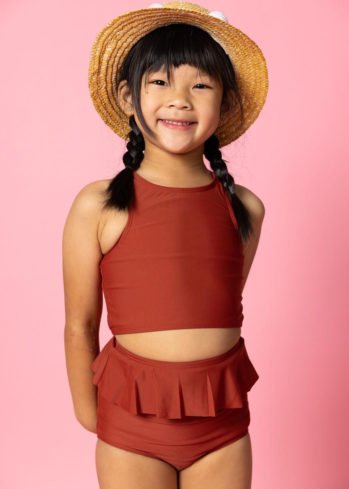 Girls Crop Top Swimsuit - Amber Brown