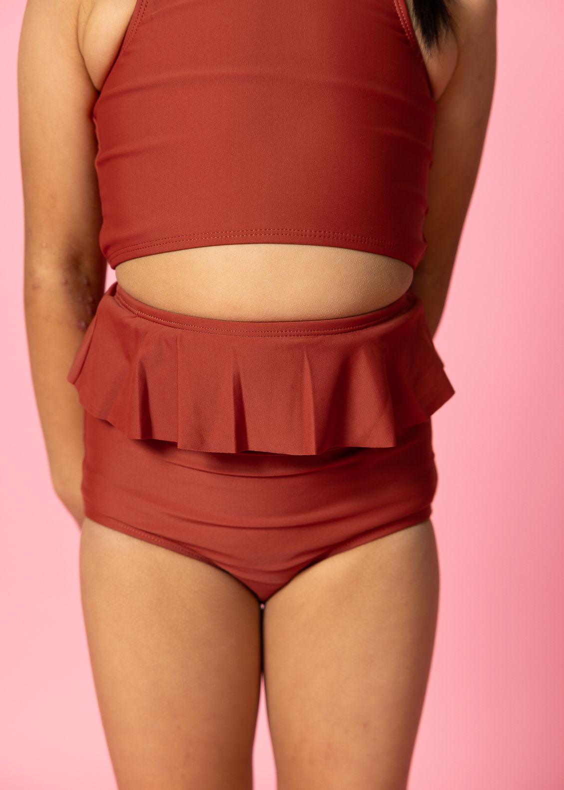 Girls High-Waisted Swimsuit Bottoms - Amber Brown