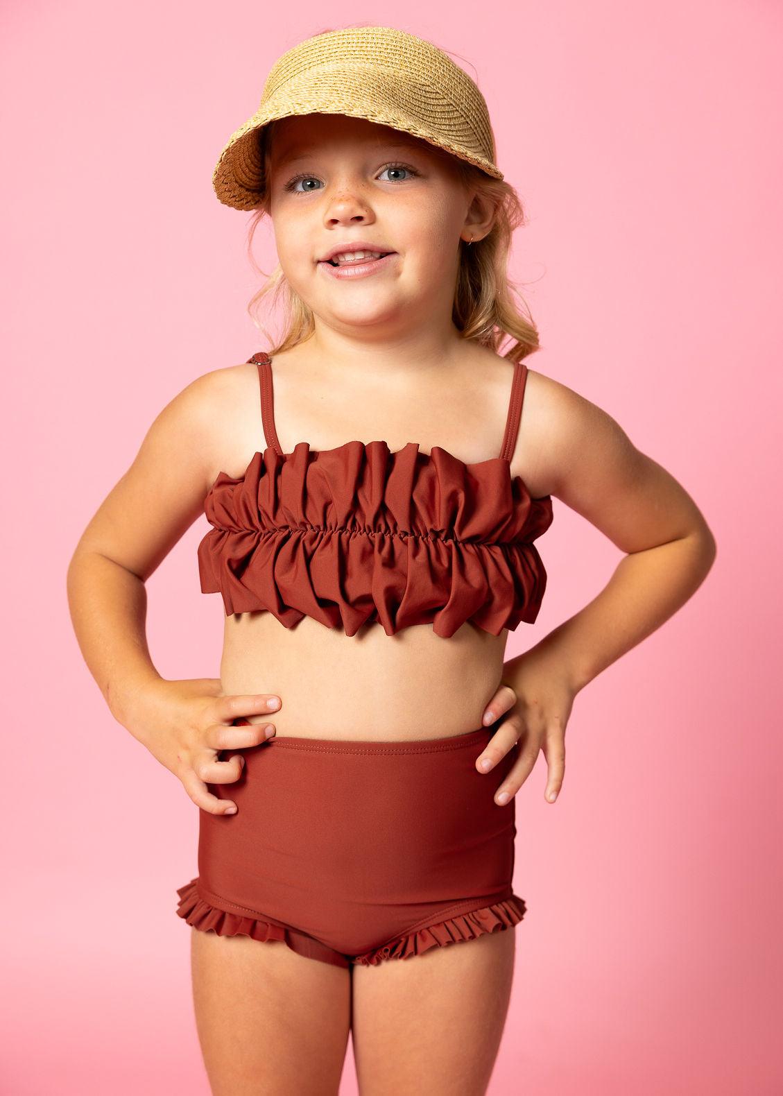Girls Crop Top Swimsuit - Amber Brown