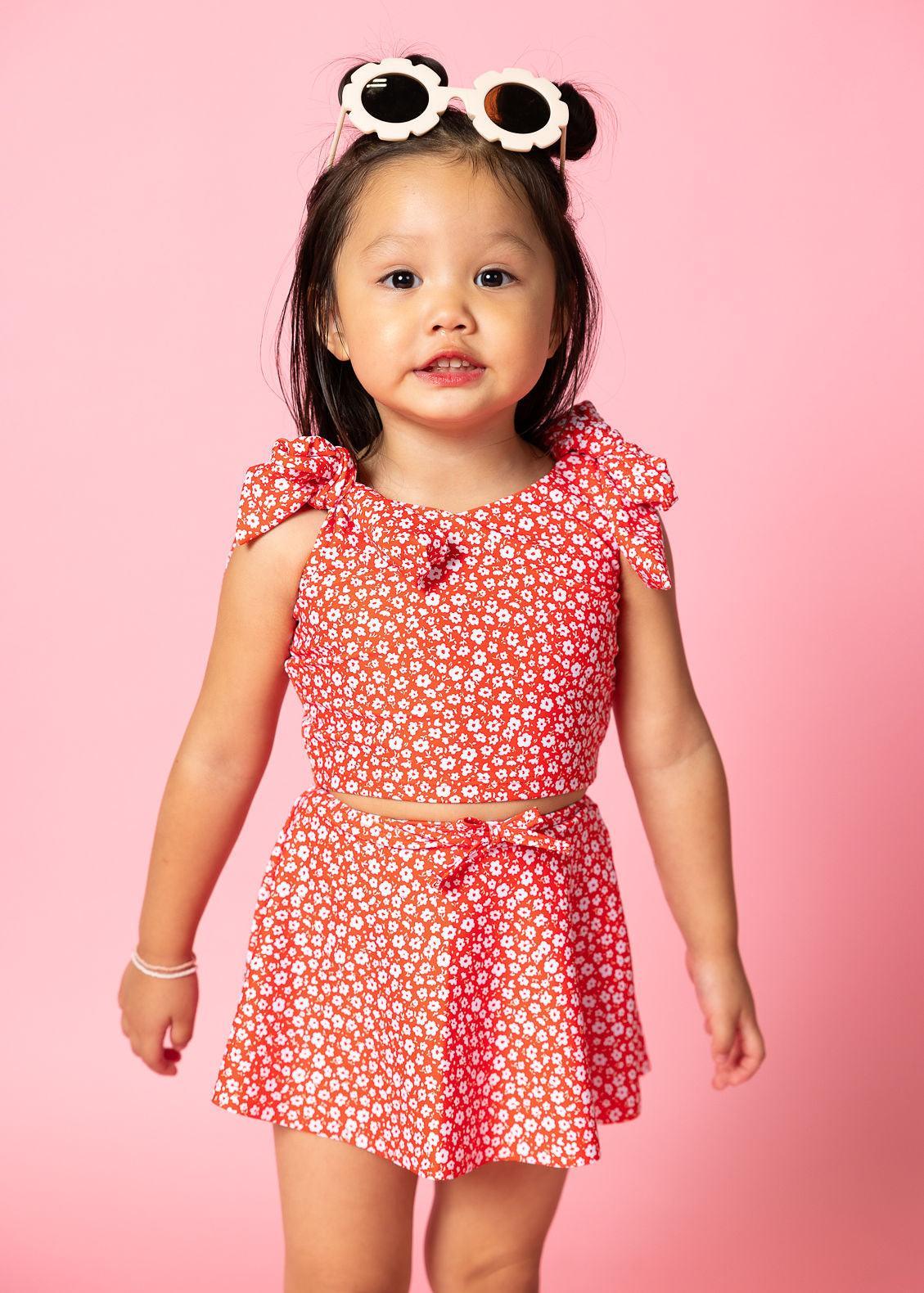 Girls High-Waisted Swimsuit Bottoms - Skirt - Red Ditsy Floral