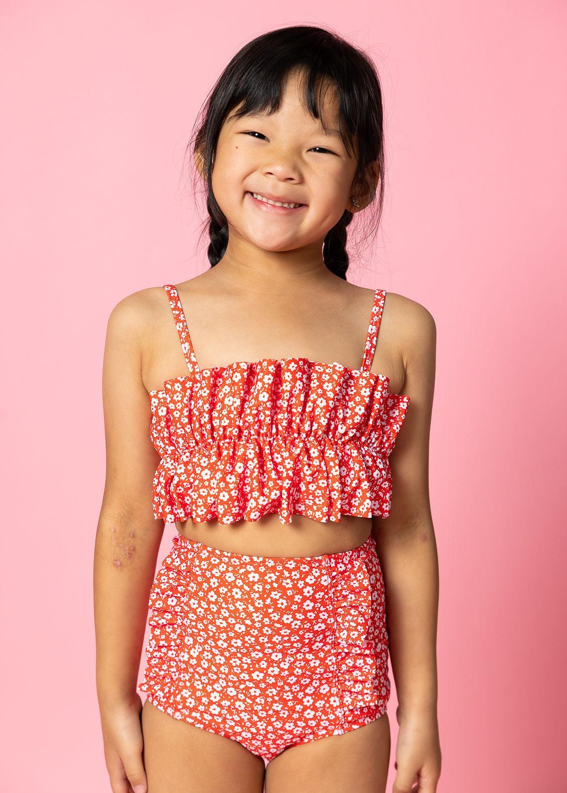 Girls High-Waisted Swimsuit Bottoms - Red Ditsy Floral