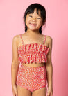 Girls Crop Top Swimsuit - Red Ditsy Floral