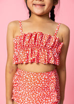 Girls Crop Top Swimsuit - Red Ditsy Floral