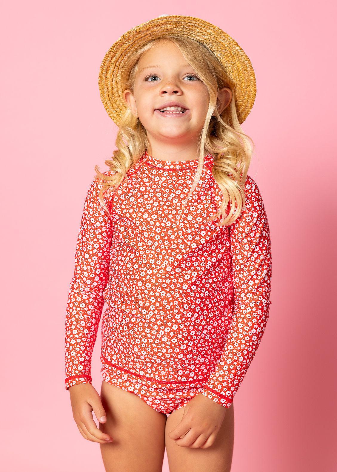 Girl/Boy Swimsuit Rashguard Top - Red Ditsy Floral