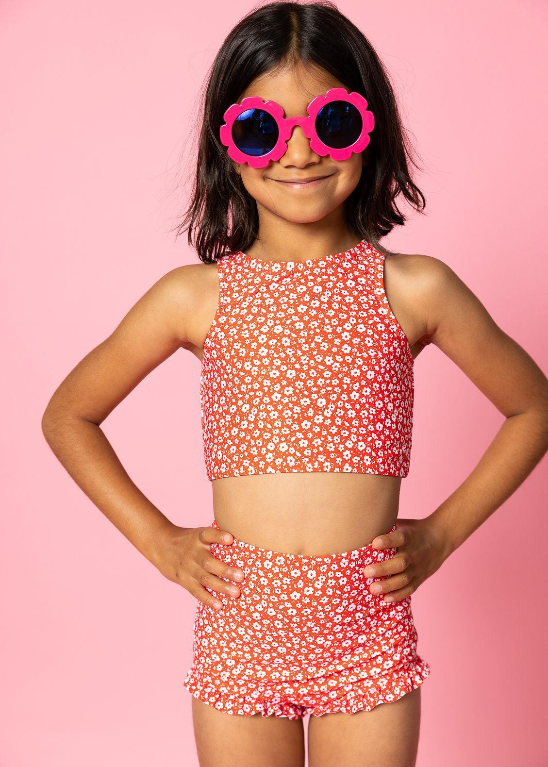 Girls High-Waisted Swimsuit Bottoms - Red Ditsy Floral