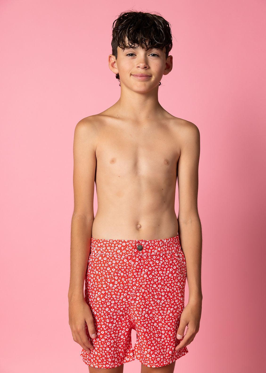 Teen Boy Swimsuit - Shorts - Red Ditsy Floral