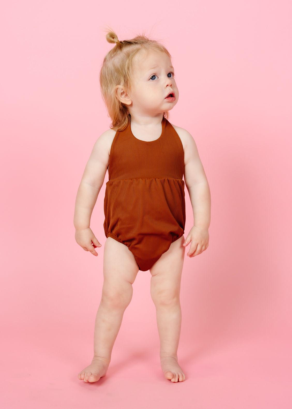 Baby Girl One-Piece Swimsuit - Ribbed Caramel