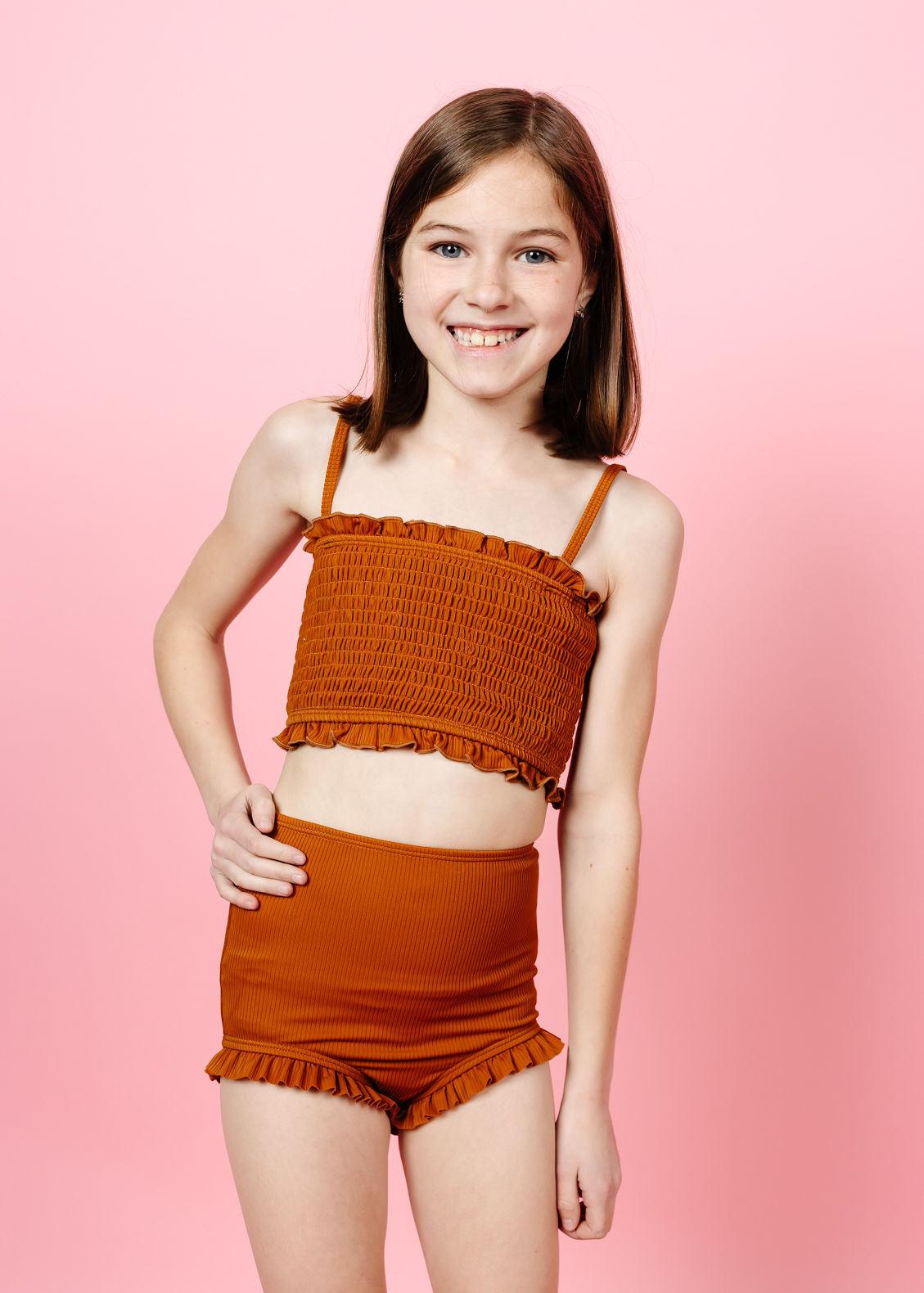 Girls High-Waisted Swimsuit Bottoms - Ribbed Caramel