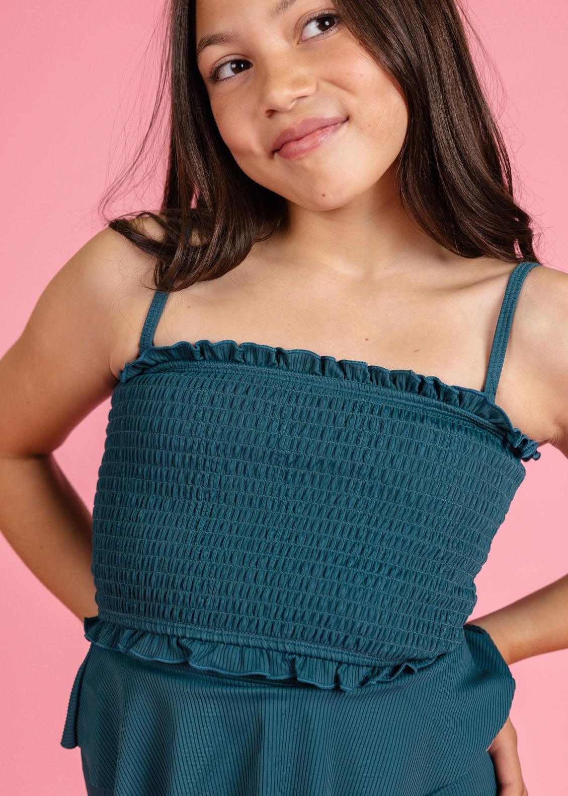 Teen Girl Crop Top Swimsuit - Ribbed Midnight Teal