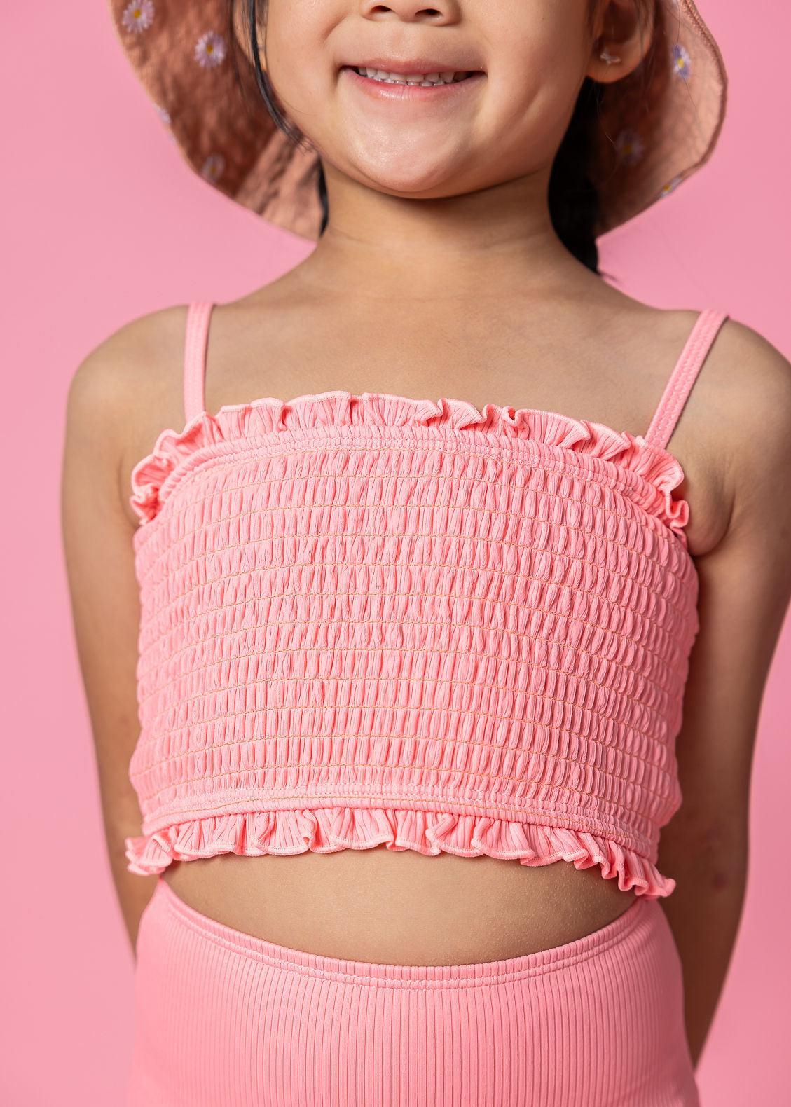 Girls Crop Top Swimsuit - Ribbed Flamingo