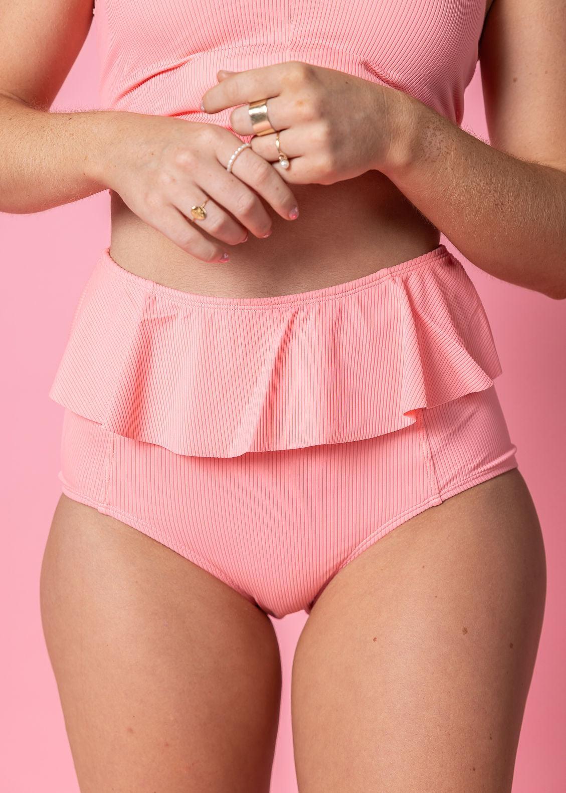 High-Waisted Swimsuit Bottom - Ribbed Flamingo