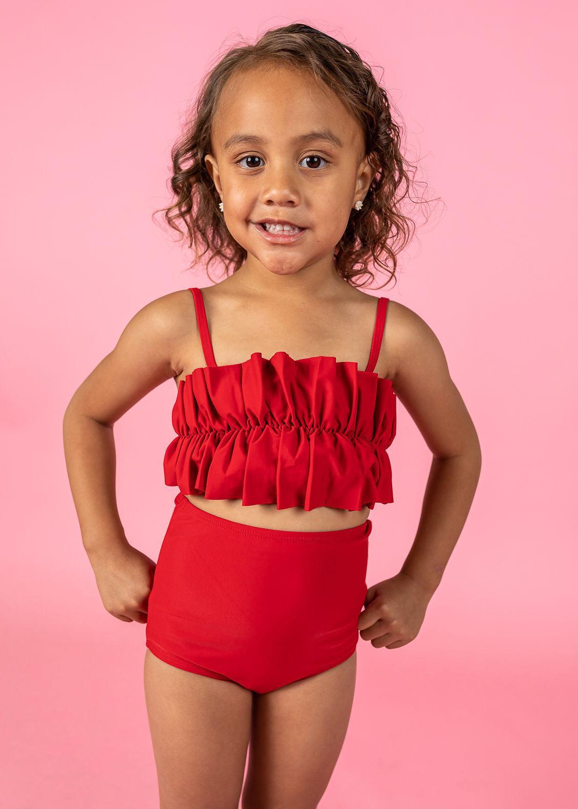 Girls High-Waisted Swimsuit Bottoms - Cherry Red