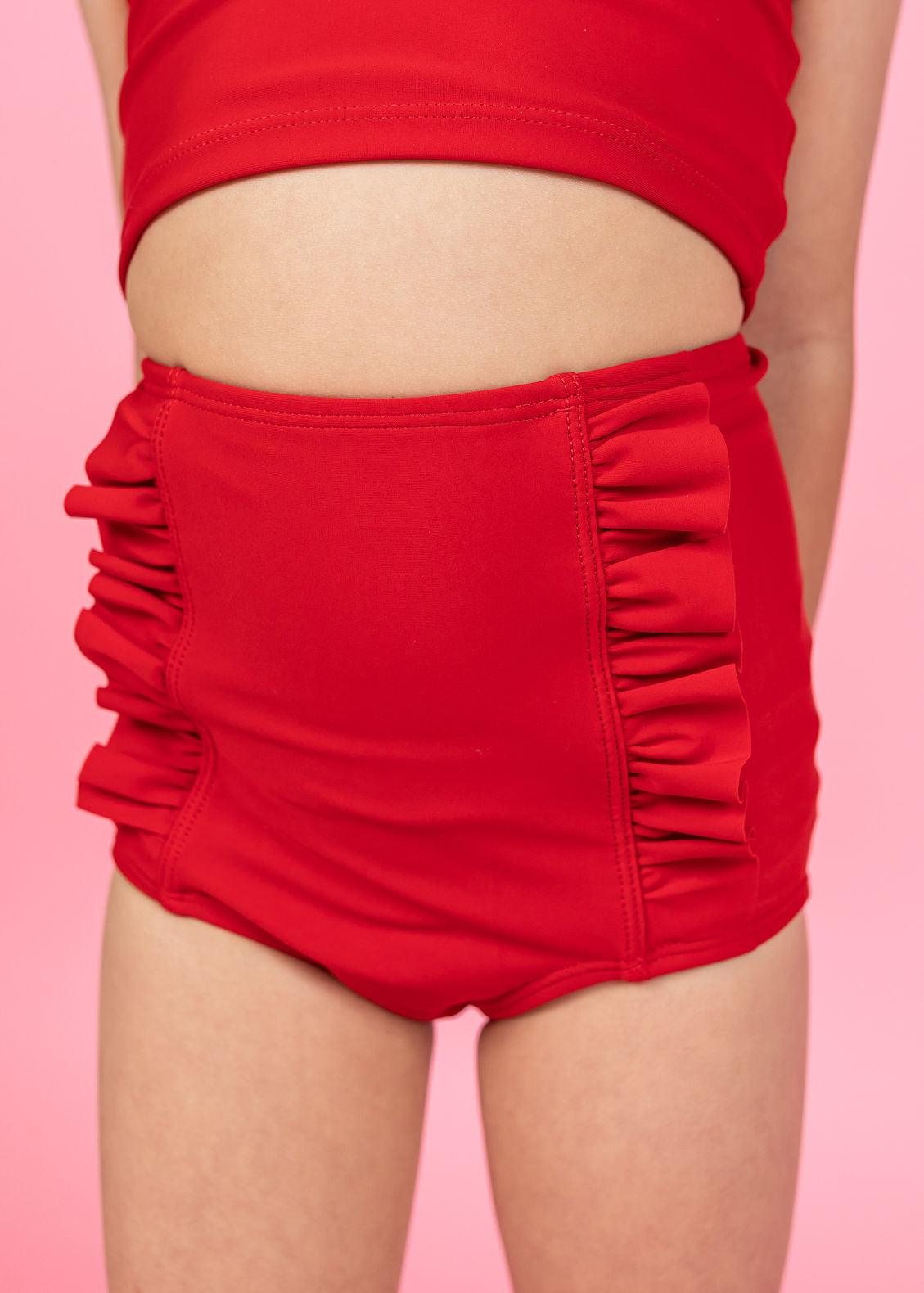 Girls High-Waisted Swimsuit Bottoms - Cherry Red