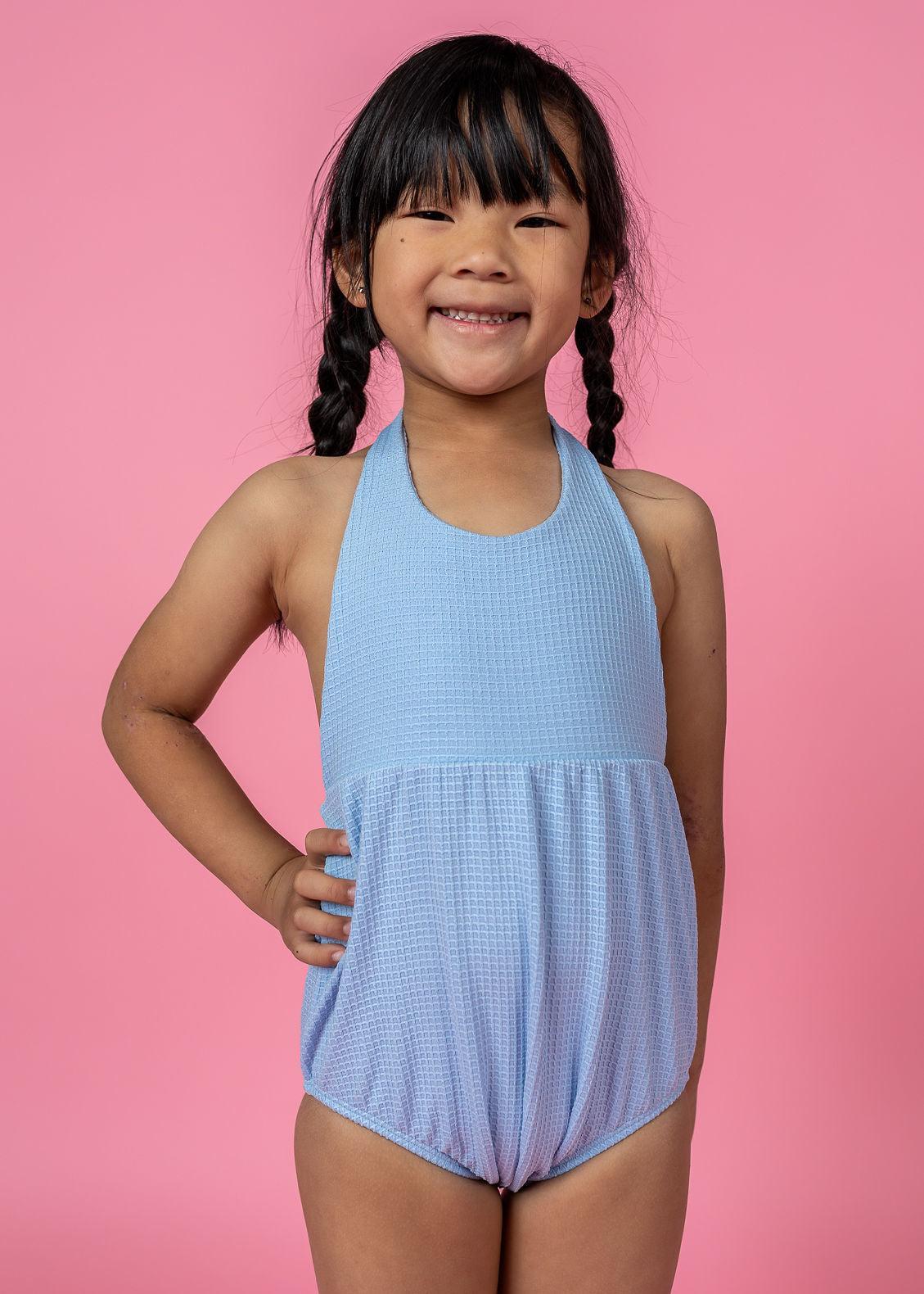 Girls One-Piece Swimsuit - Waffled Barely Blue