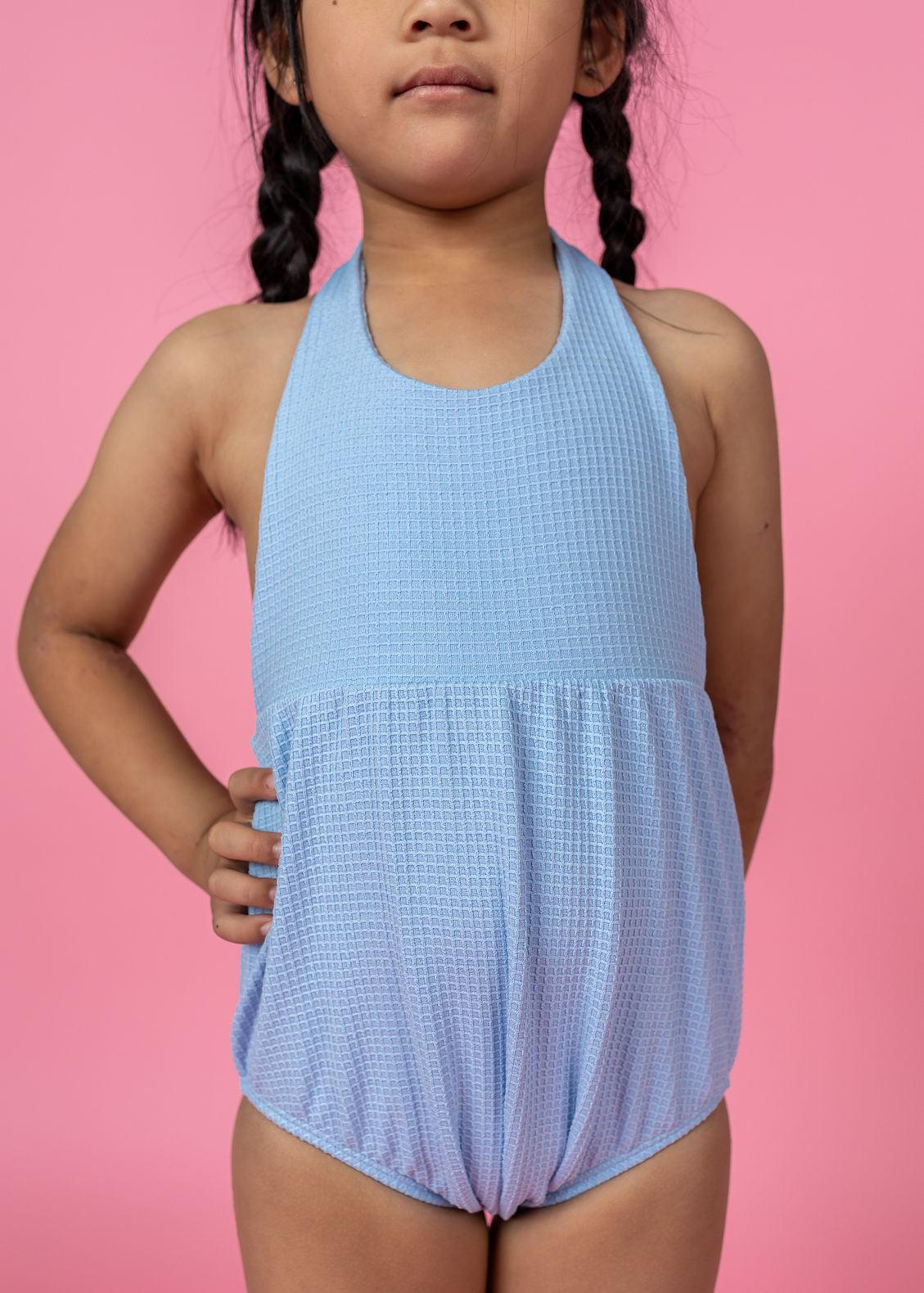 Girls One-Piece Swimsuit - Waffled Barely Blue