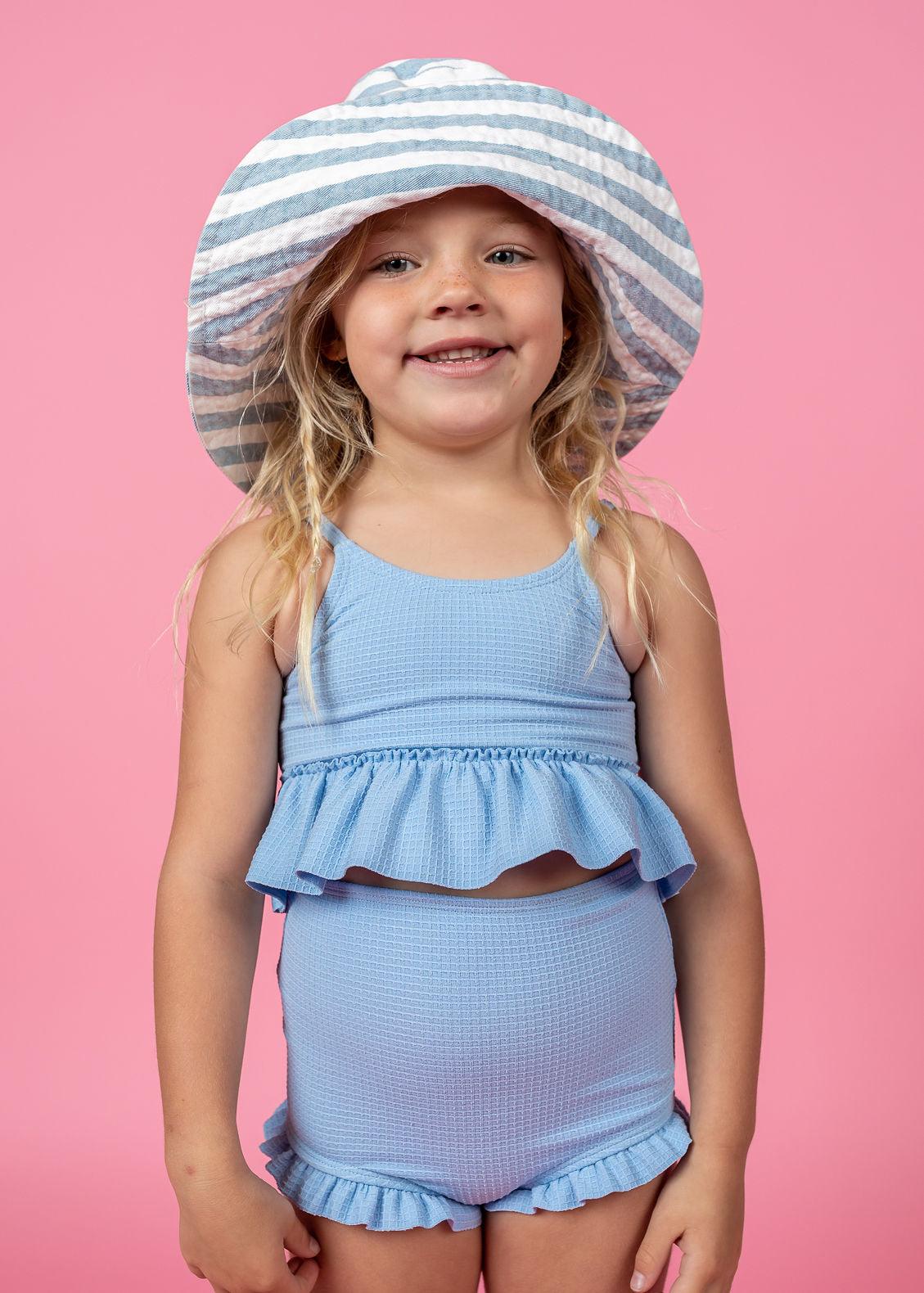 Girls Crop Top Swimsuit - Waffled Barely Blue