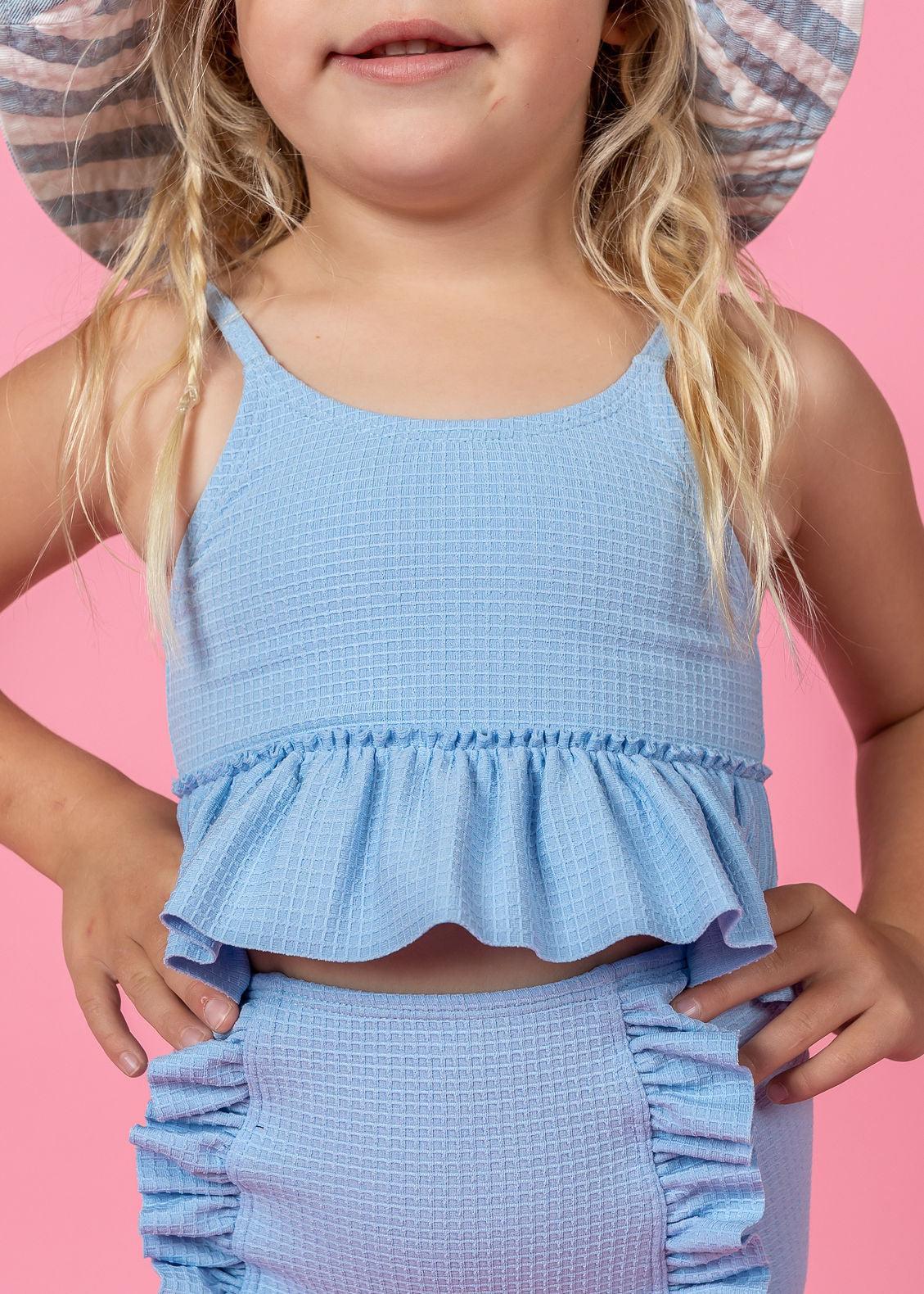 Girls Crop Top Swimsuit - Waffled Barely Blue