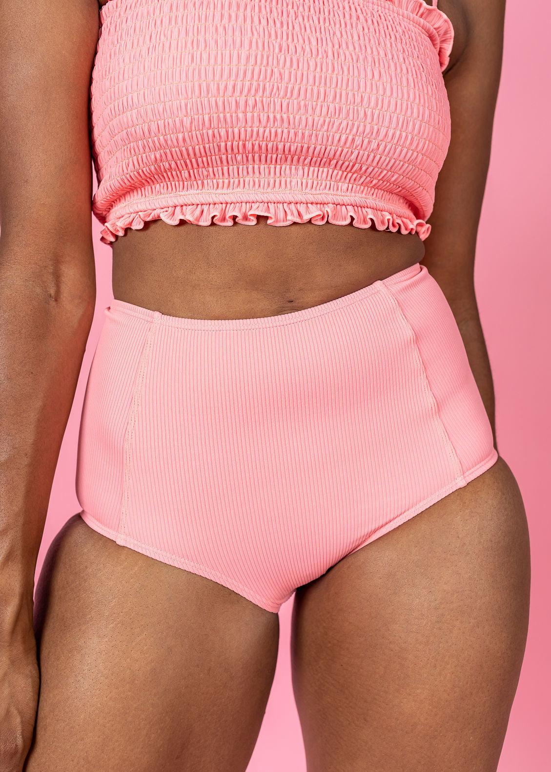 High-Waisted Swimsuit Bottom - Ribbed Flamingo