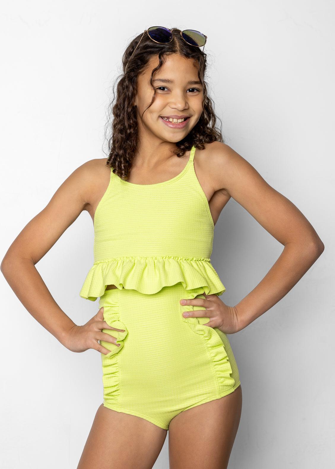 Teen Girl Crop Top Swimsuit - Waffled Glow Green