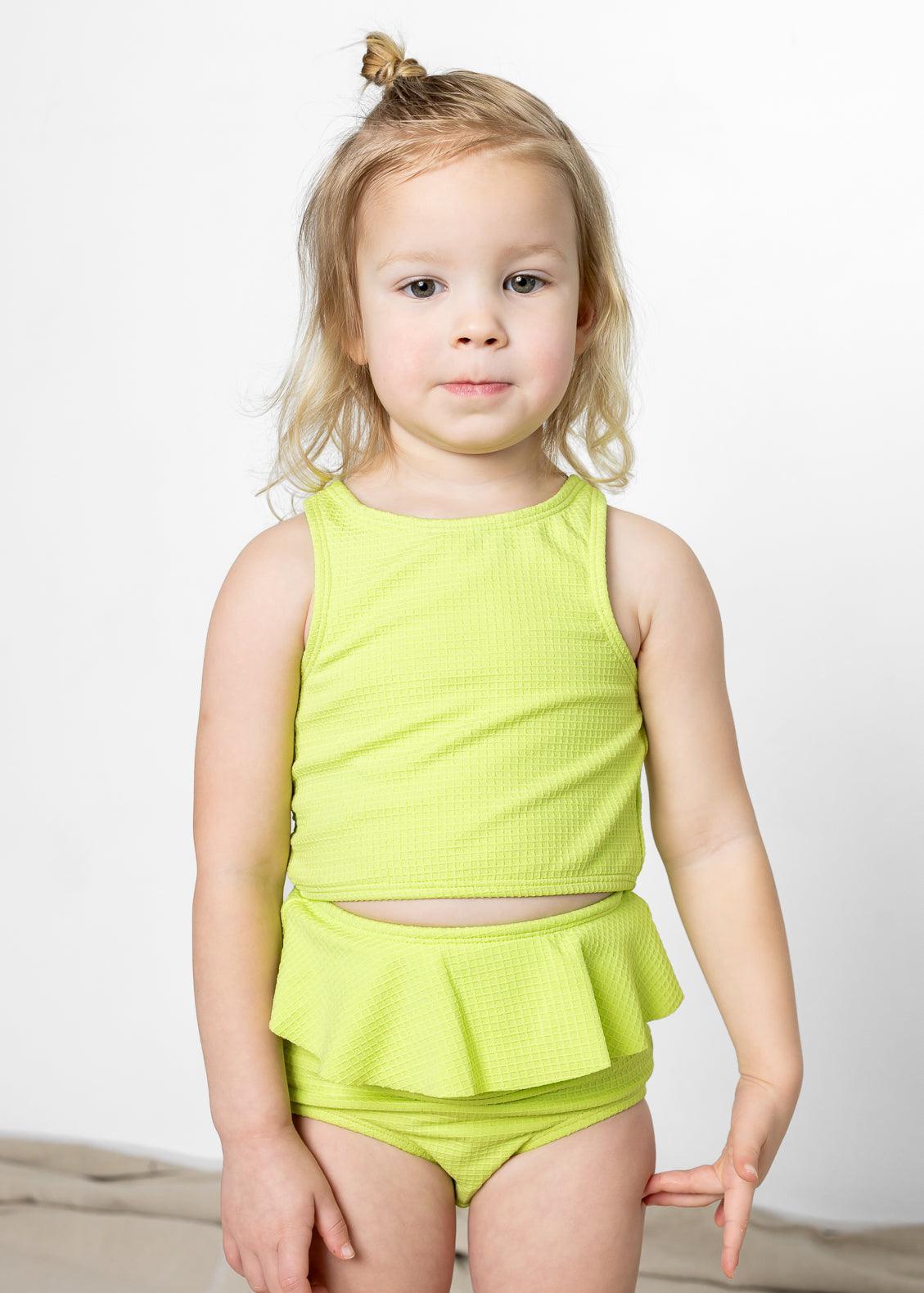 Girls Crop Top Swimsuit - Waffled Glow Green