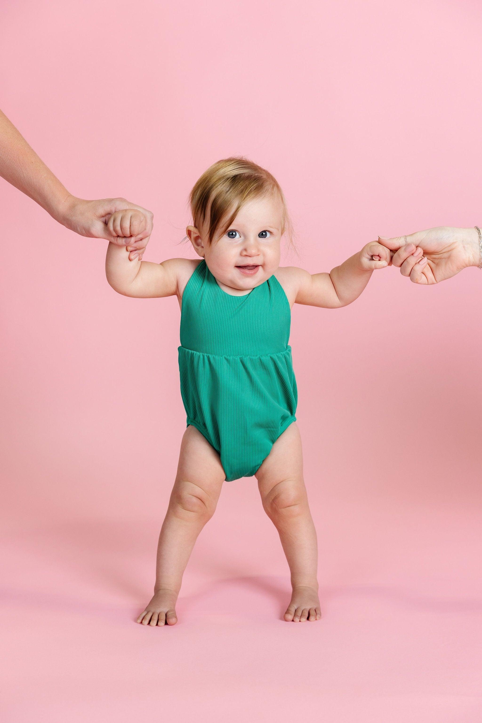 Baby Girl One-Piece Swimsuit - Ribbed Grass Green