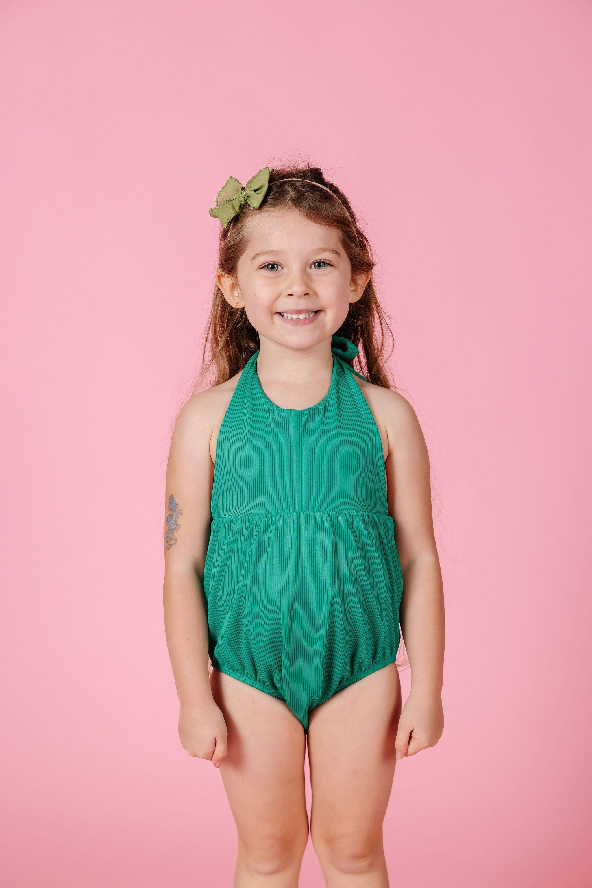 Girls One-Piece Swimsuit - Ribbed Grass Green