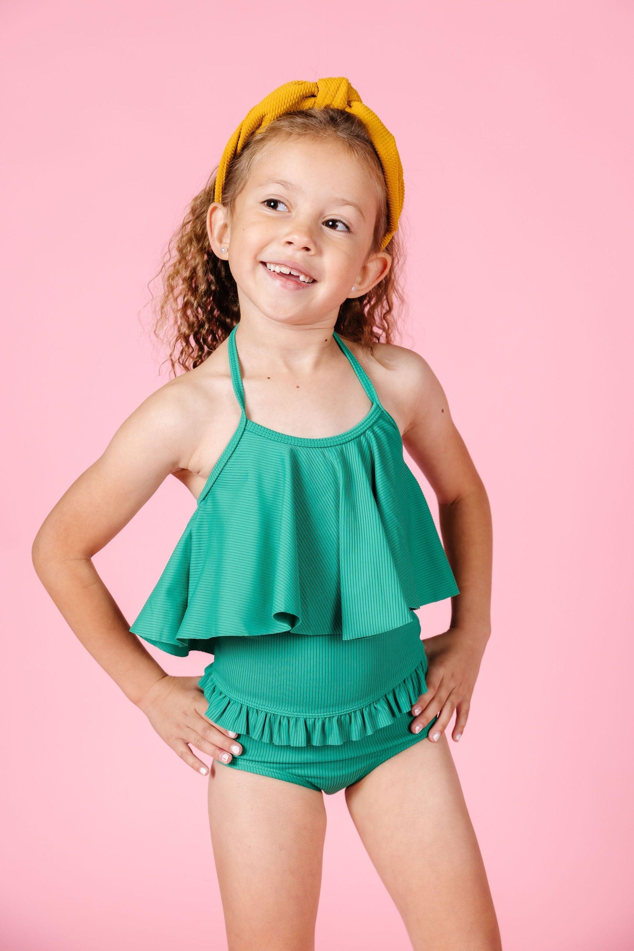 Girls Crop Top Swimsuit - Ribbed Grass Green