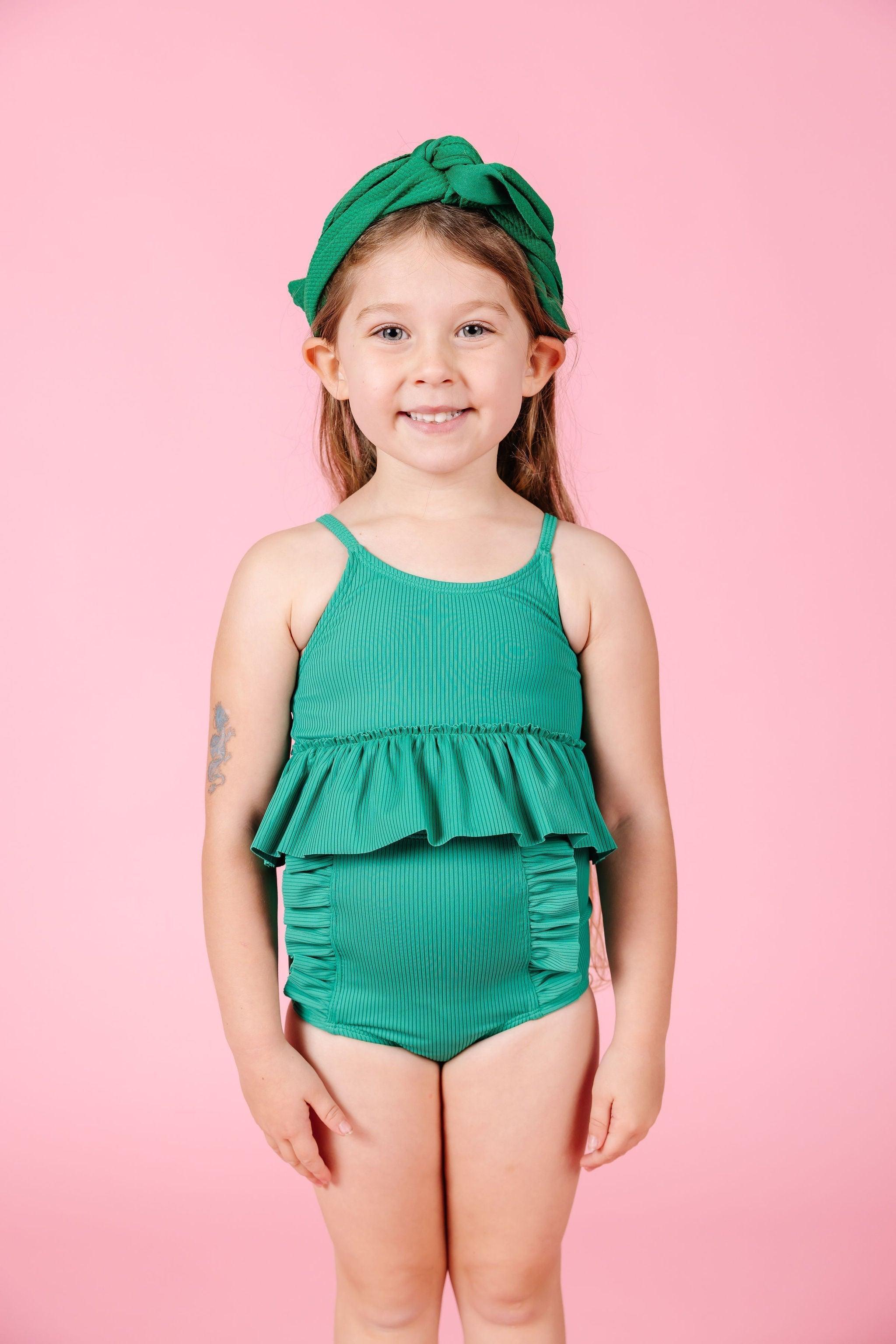 Girls Crop Top Swimsuit - Ribbed Grass Green