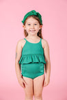 Girls Crop Top Swimsuit - Ribbed Grass Green