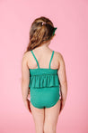 Girls Crop Top Swimsuit - Ribbed Grass Green