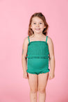 Girls Crop Top Swimsuit - Ribbed Grass Green