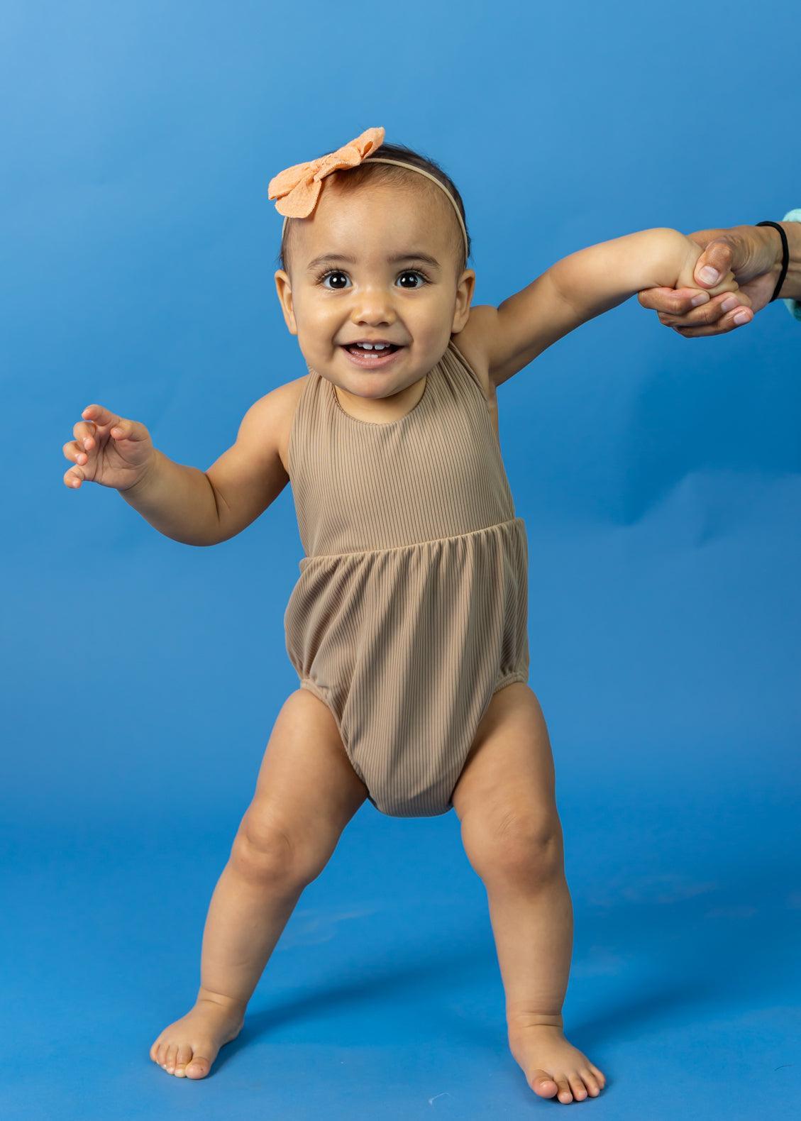 Baby Girl One-Piece Swimsuit - Ribbed Sand Brown