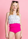 Teen Girl Crop Top Swimsuit - Taupe Dashes